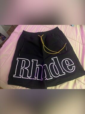 Rhude Black Athletic Shorts with White Logo and Yellow Drawstring